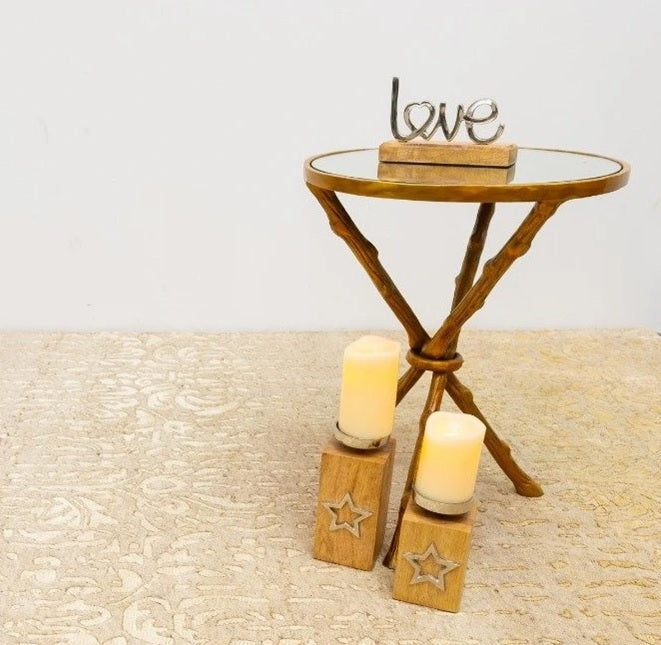 Jenn Carved Wooden Table with Mirror Top