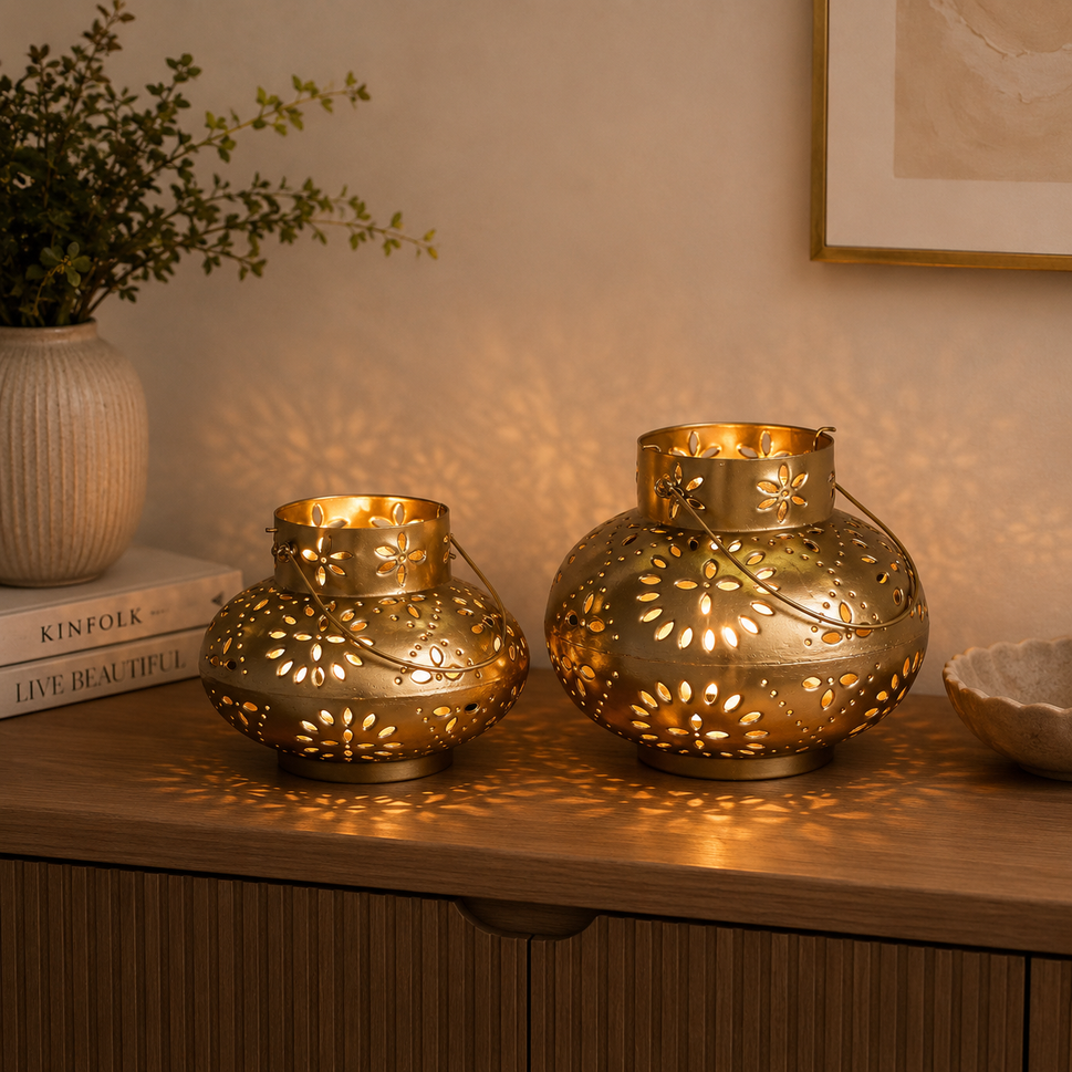 Sima Antique Brass Finish Lantern Set of 2