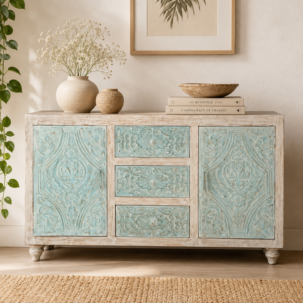 Emma Hand Carved Wooden Side Board