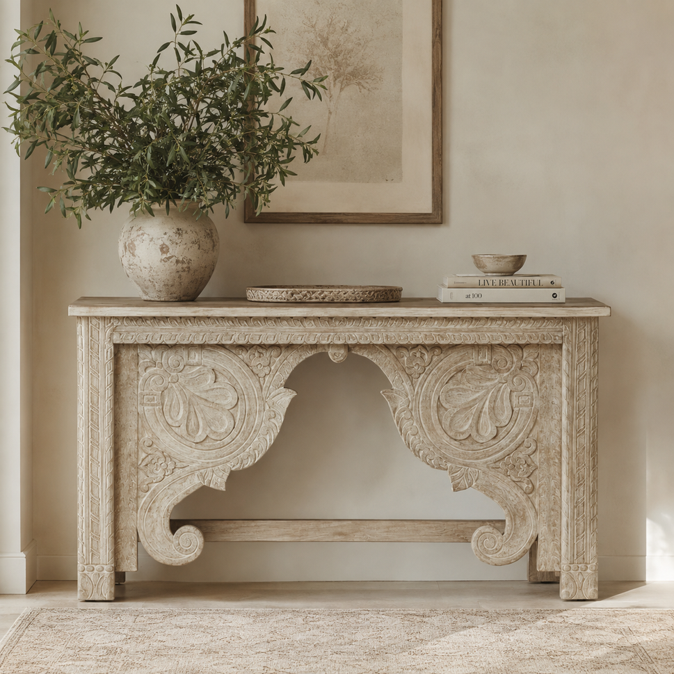 Natalie Hand Carved Wooden Console Table