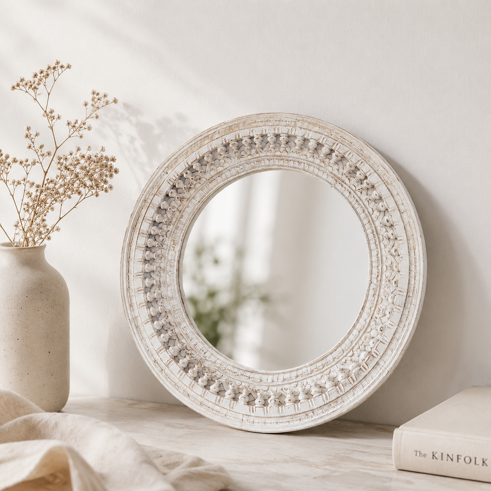 Becca Carved Spindle Round Mirror
