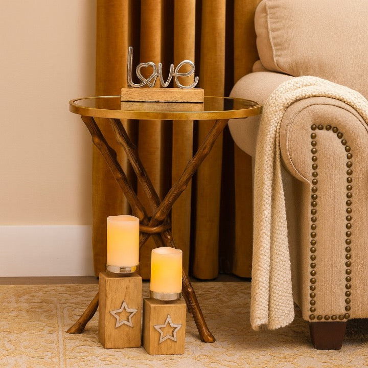 Jenn Carved Wooden Table with Mirror Top