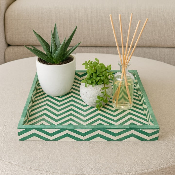 Paula Bone Inlay Tray with Chevron Pattern