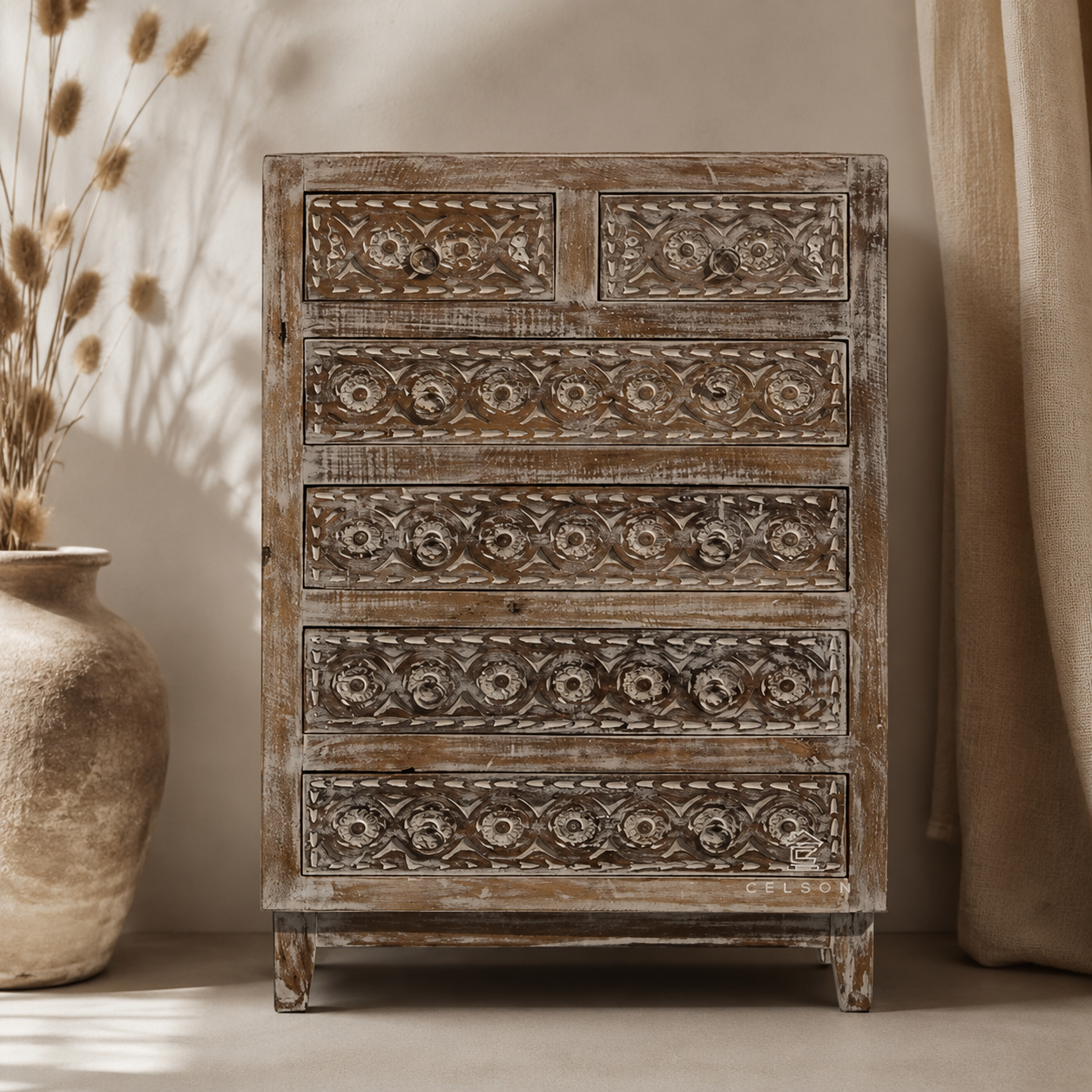 Noreen Carved Wooden Chest of Drawer
